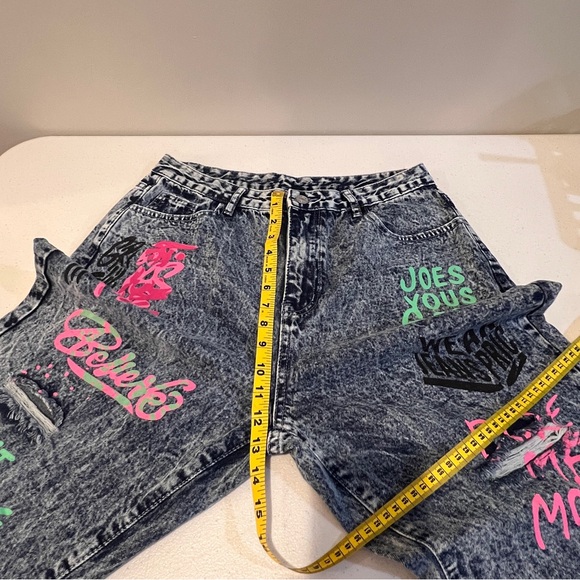 Shevadne Acid Washed Denim Jeans Graffiti Elastic Hi Rise 80's Style Womens L - Picture 10 of 14